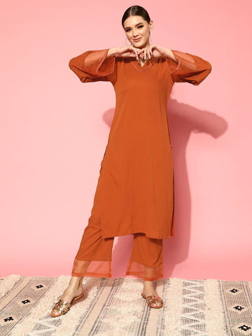 Varanga Women Rust Straight Kurta Paired With Tonal Bottom